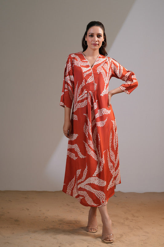 Rust Printed Flared Midi 2 Peice Dress | 21