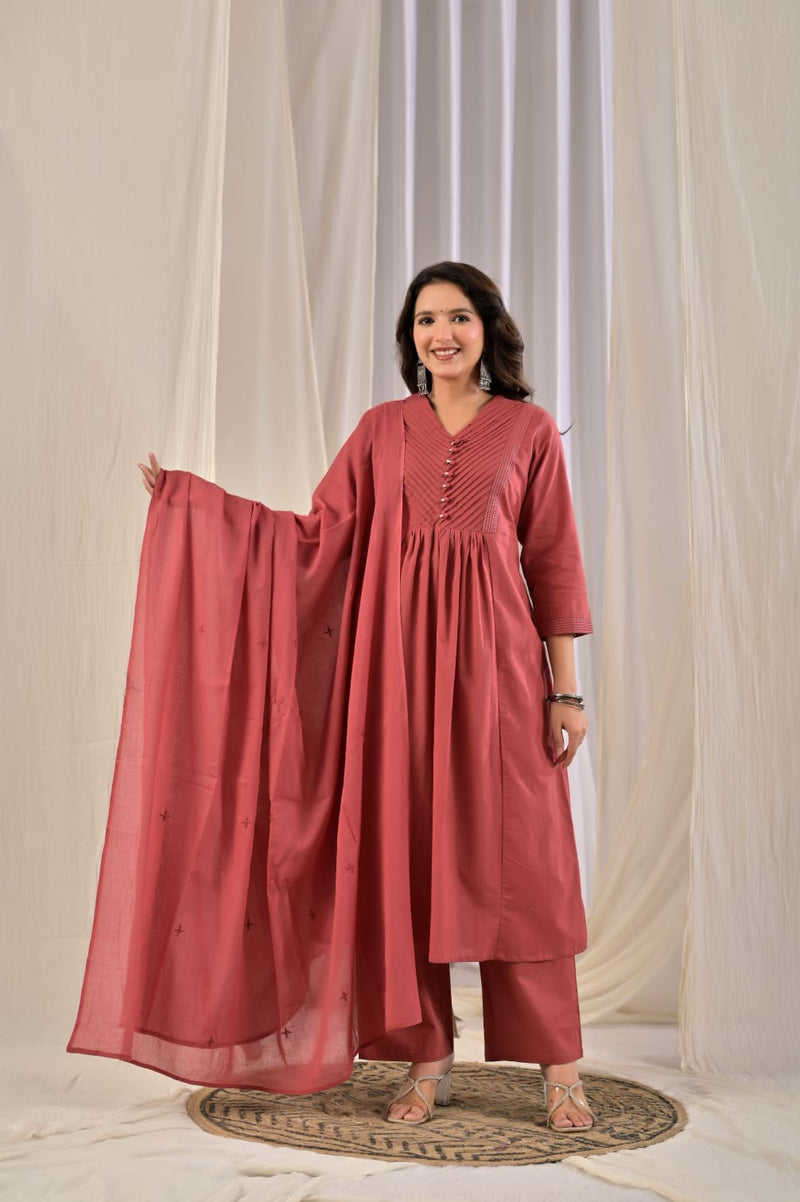 Women's Dusty Rose Pink Pintuck Pleated Anarkali Kurta Set with Trousers & Dupatta