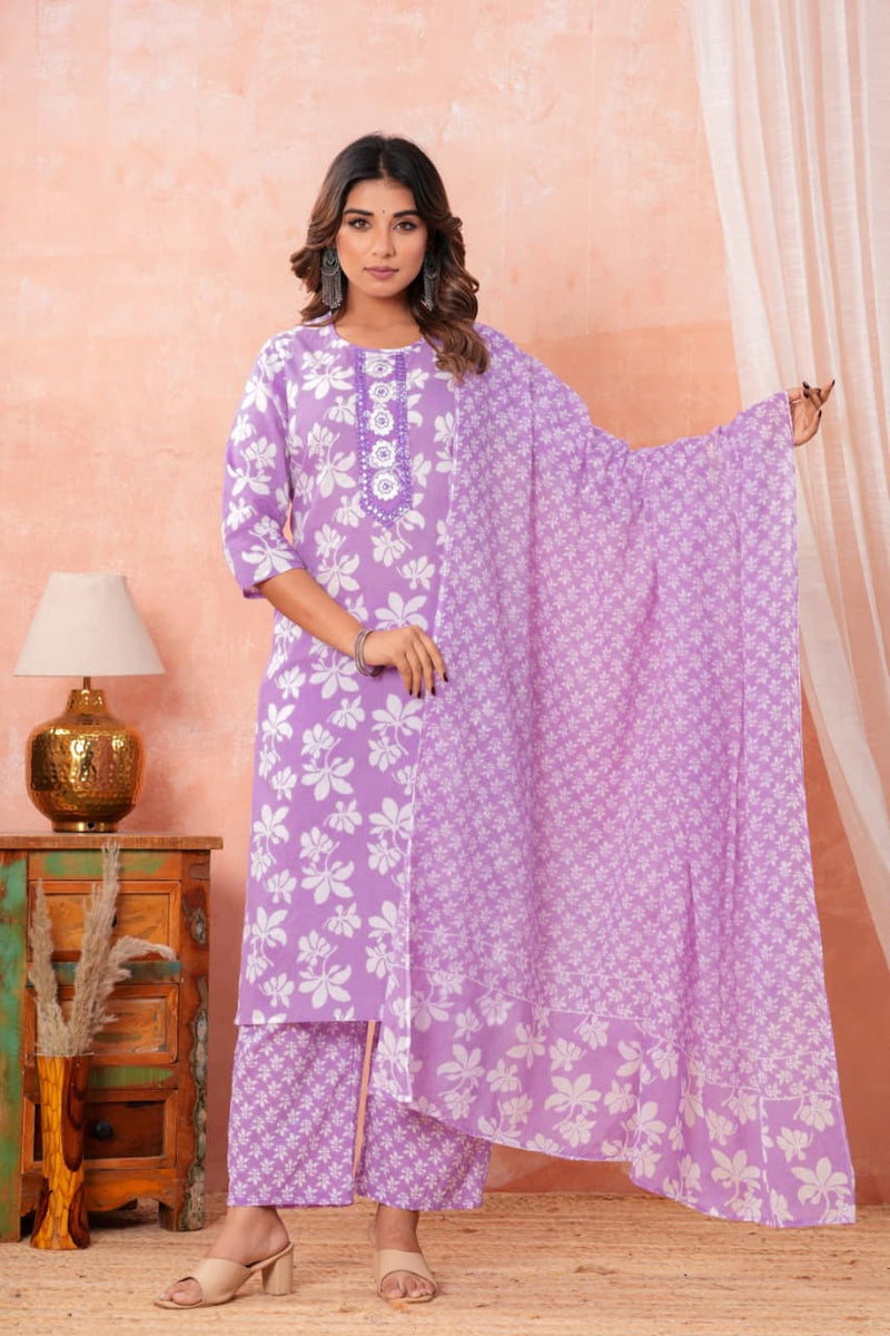 Women's Lavender Floral Printed & Placket Embroidered Cotton Kurta Set with Trousers & Dupatta