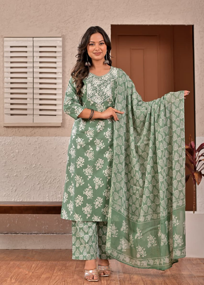 Women's Sage Green Floral Printed & Yoke Embroidered Cotton Kurta Set with Trousers & Dupatta