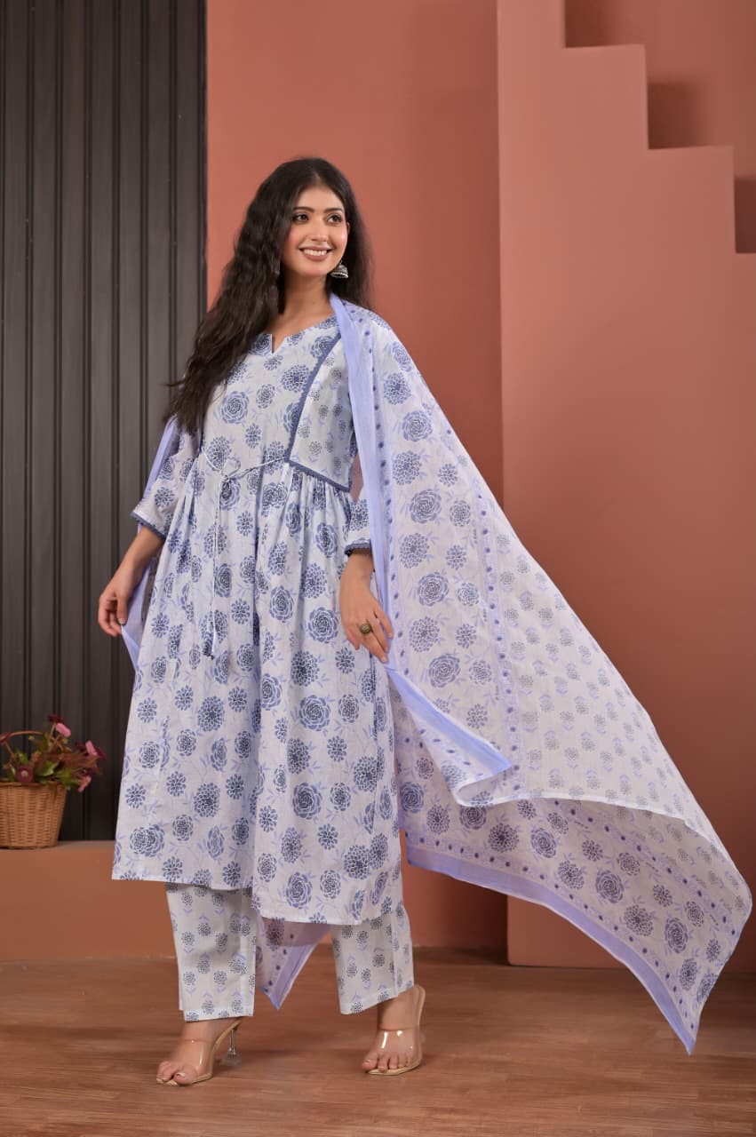 Soft Lavender & Blue Floral Block Printed Cotton Anarkali Kurta Set with Trousers & Dupatta
