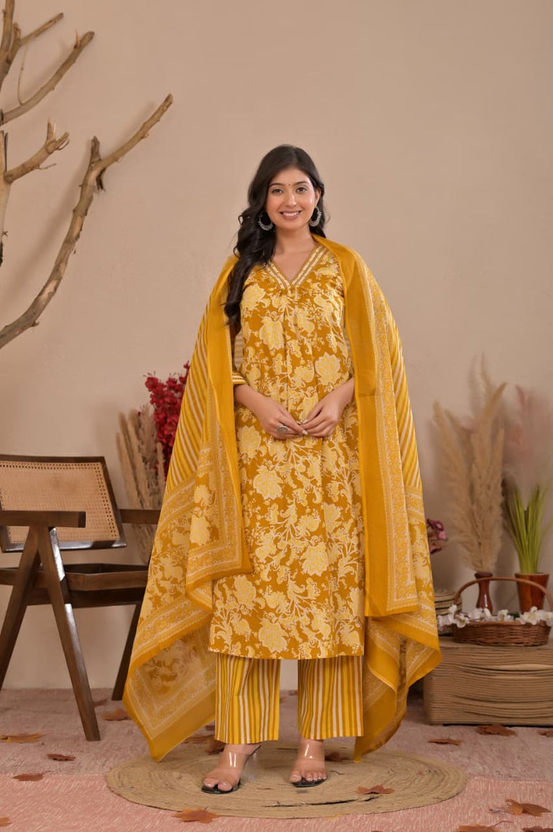 Mustard Yellow Floral Block Printed Cotton Straight Kurta Set with Striped Trousers & Dupatta