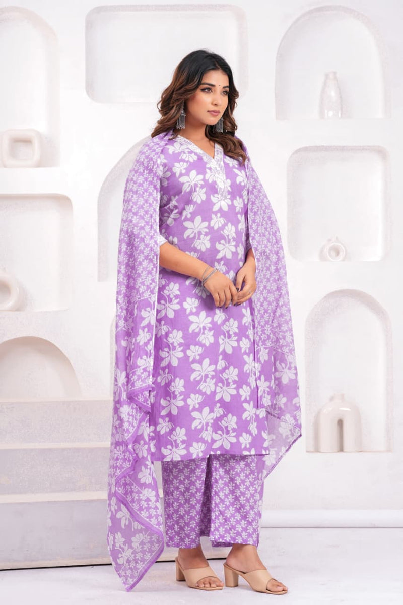 Women's Lavender Floral Printed Cotton Straight Kurta Set with Trousers & Dupatta