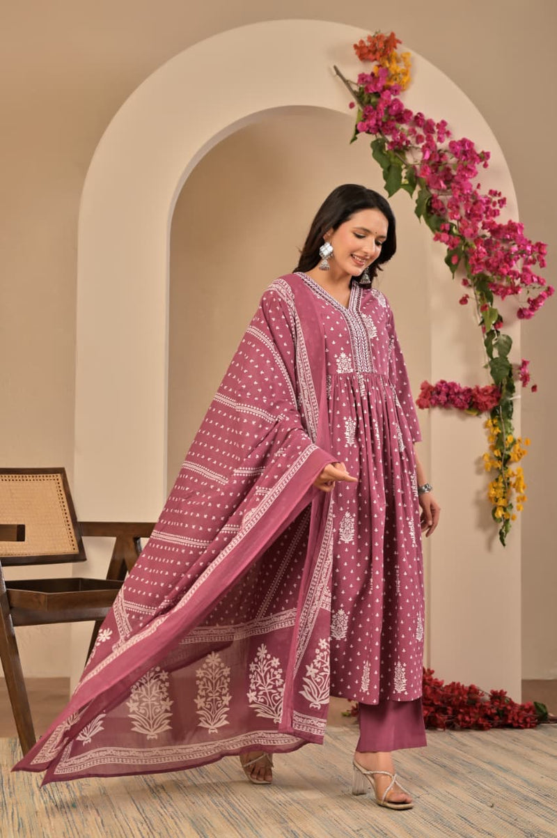 Women's Mauve Pink Printed Anarkali Kurta Set with Trousers & Printed Dupatta
