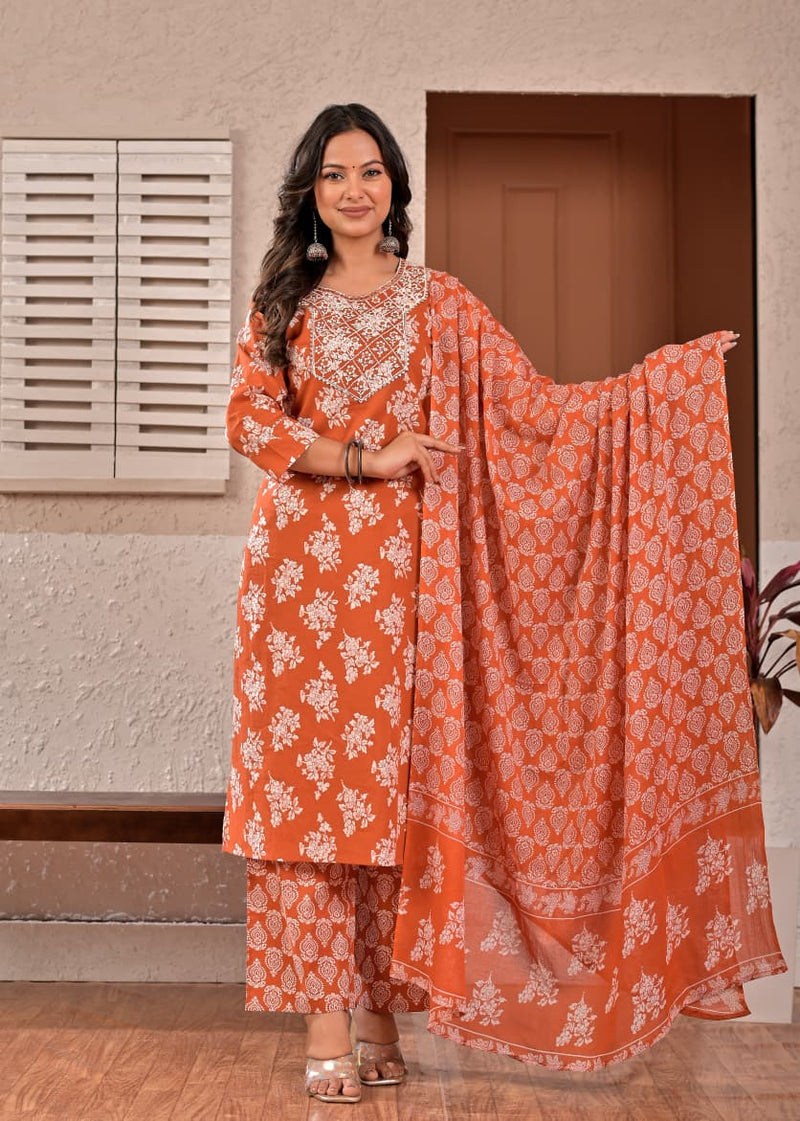 Women's Rust Orange Floral Printed & Yoke Embroidered Cotton Kurta Set with Trousers & Dupatta
