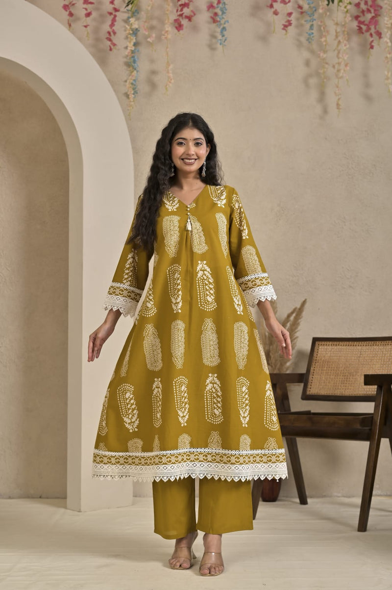 Elegant Yellow Paisley Printed Anarkali Kurta Set with Matching Dupatta & Trousers