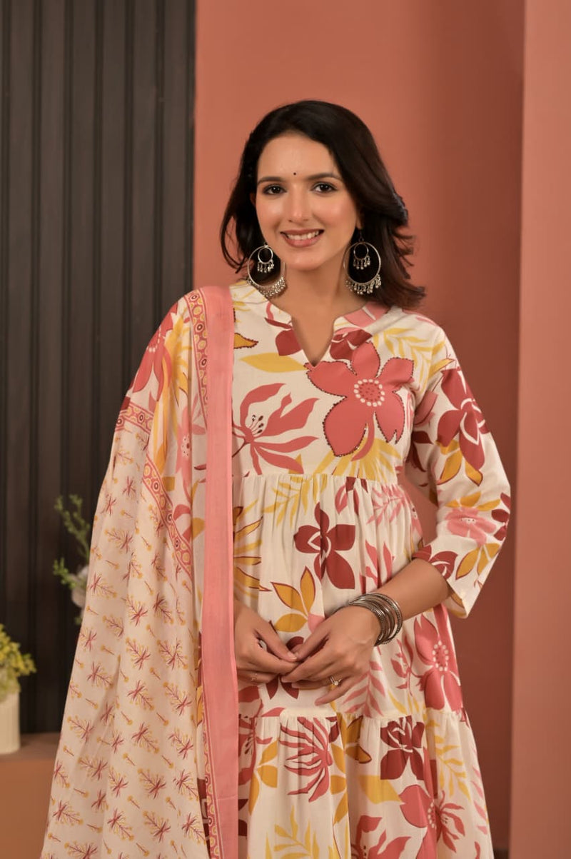 Women's Off-White & Coral Floral Printed Tiered Anarkali Kurta Set with Trousers & Printed Dupatta