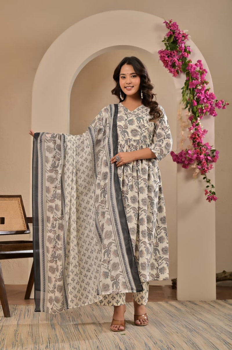 Women's Off-White & Charcoal Grey Floral Printed Gathered Anarkali Kurta Set with Trousers & Printed Dupatta