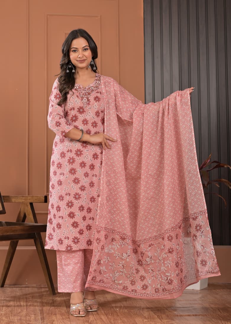 Women's Dusty Pink Floral Printed Cotton Kurta Set with Neckline Work, Trousers & Dupatta