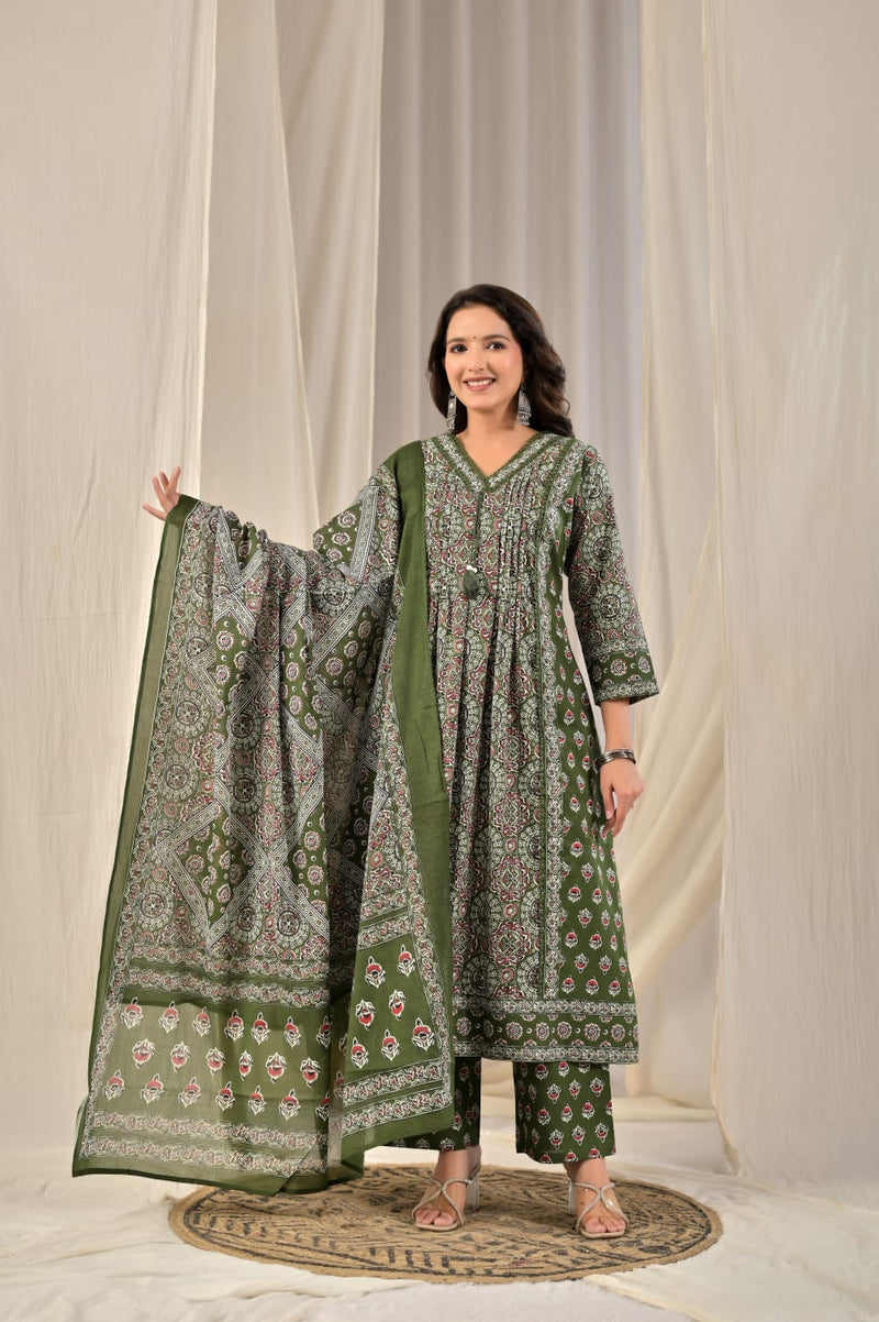 Women's Olive Green & Maroon Ajrakh Printed Pleated Anarkali Kurta Set with Trousers & Dupatta