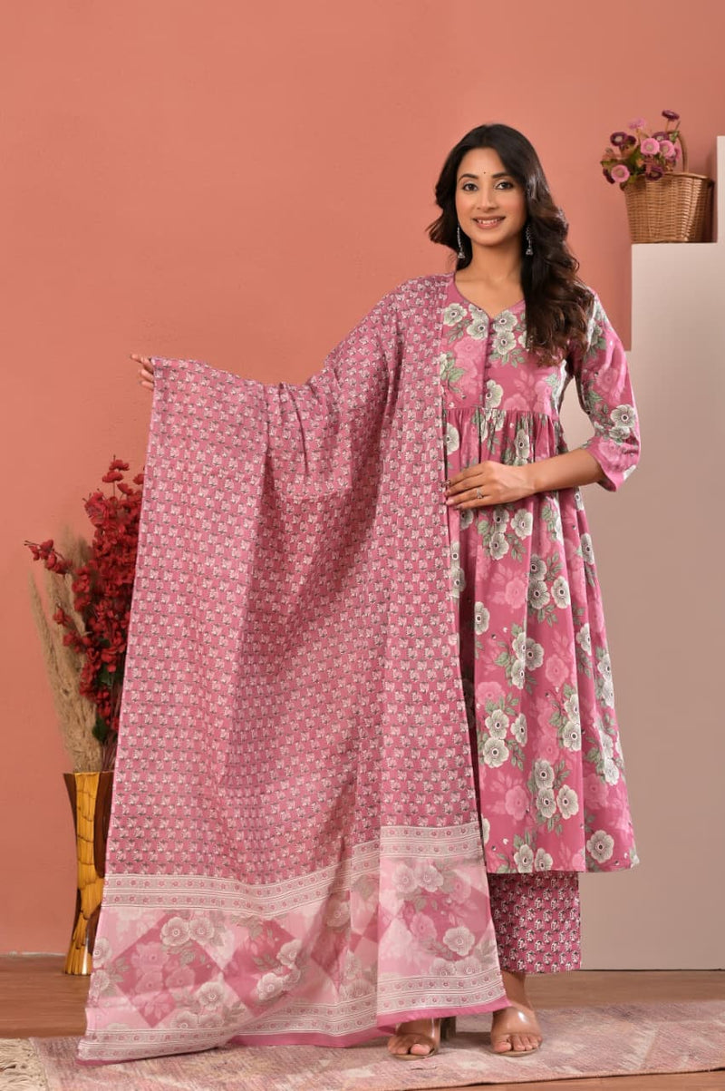 Women's Mauve Pink Floral Printed Gathered Anarkali Kurta Set with Trousers & Dupatta