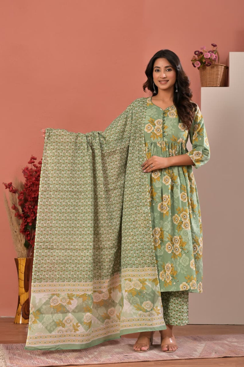 Women's Sage Green Floral Printed Gathered Anarkali Kurta Set with Trousers & Dupatta