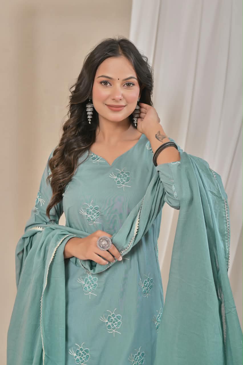 Women's Sage Green Embroidered Straight Cotton Kurta Set with Trousers & Solid Dupatta