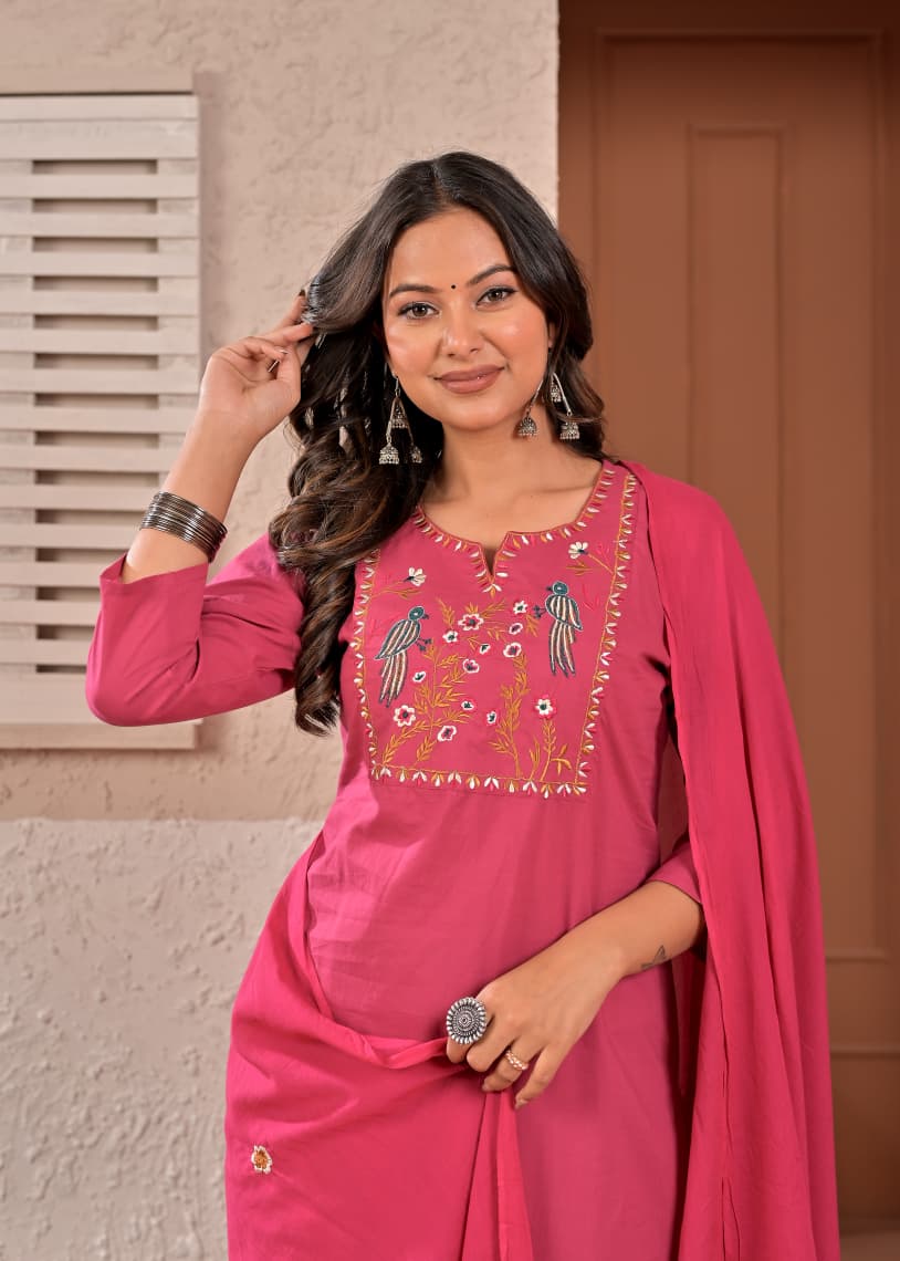 Women's Dark Pink Embroidered Straight Cotton Kurta Set with Trousers & Dupatta