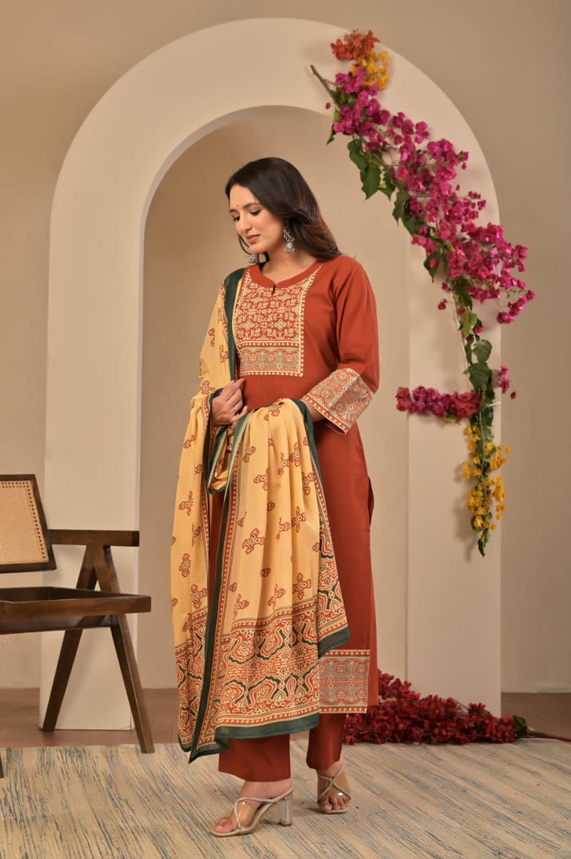 Women's Rust Orange / Brick Red Yoke Embroidered Straight Cotton Kurta Set with Trousers & Contrast Printed Dupatta