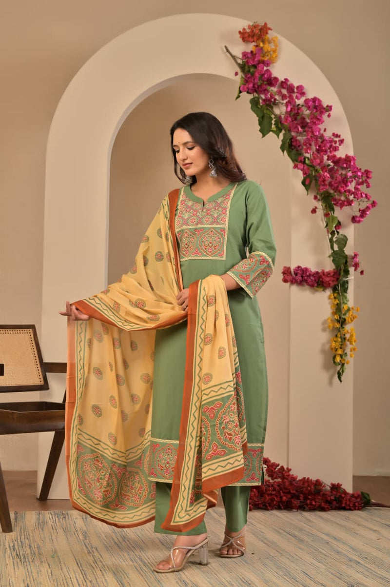 Women's Sage Green Yoke Embroidered Straight Cotton Kurta Set with Trousers & Contrast Printed Dupatta