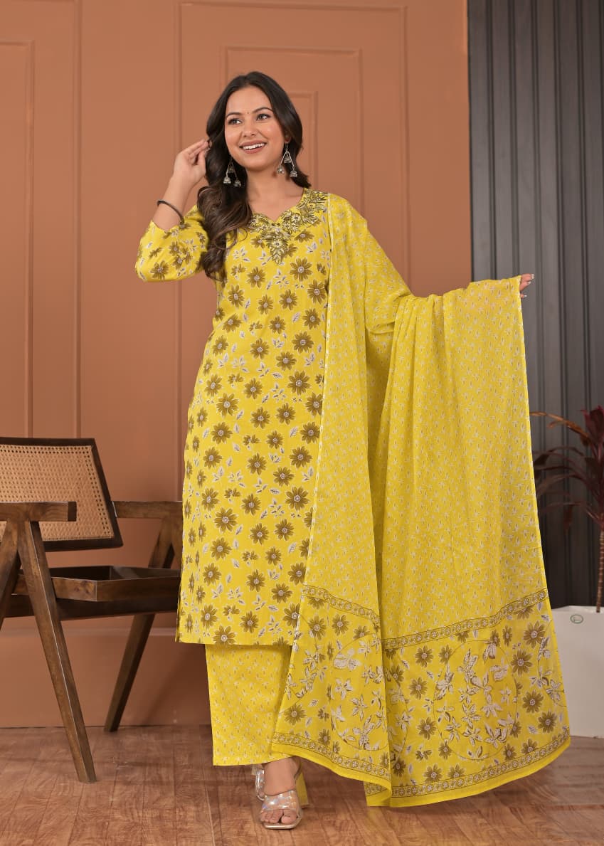 Women's Bright Lemon Yellow Floral Printed Cotton Kurta Set with Neckline Work, Trousers & Dupatta