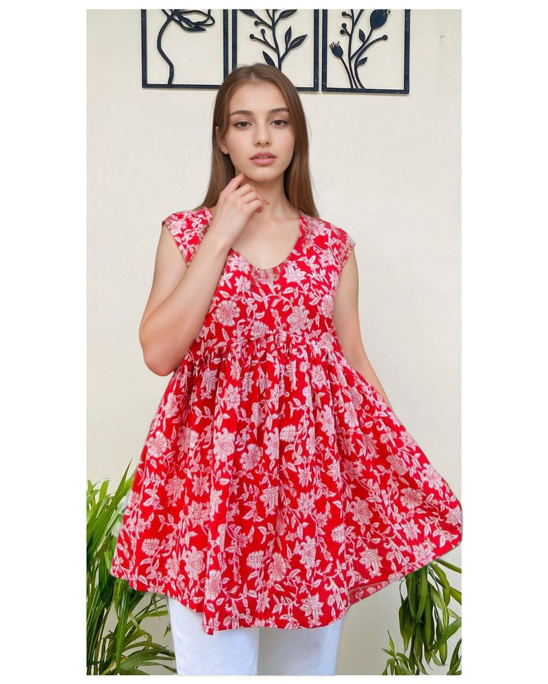 Red Floral Printed Cap Sleeve V-Neck Cotton Flared Peplum Top