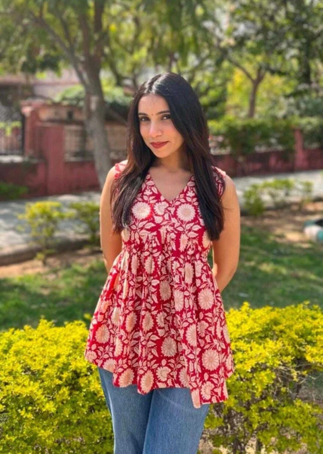 Red Floral Block Printed Cotton Peplum Top