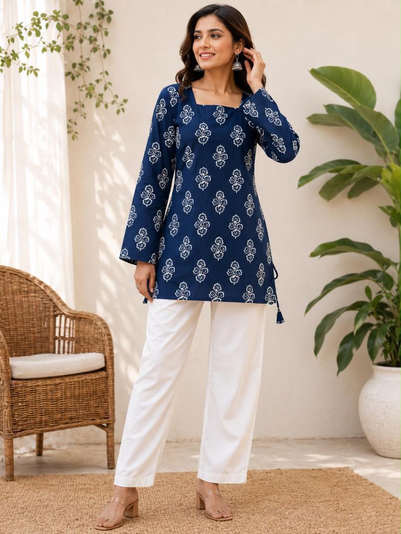 Navy Blue Block Printed Square Neck Full Sleeve Cotton Tunic Kurti