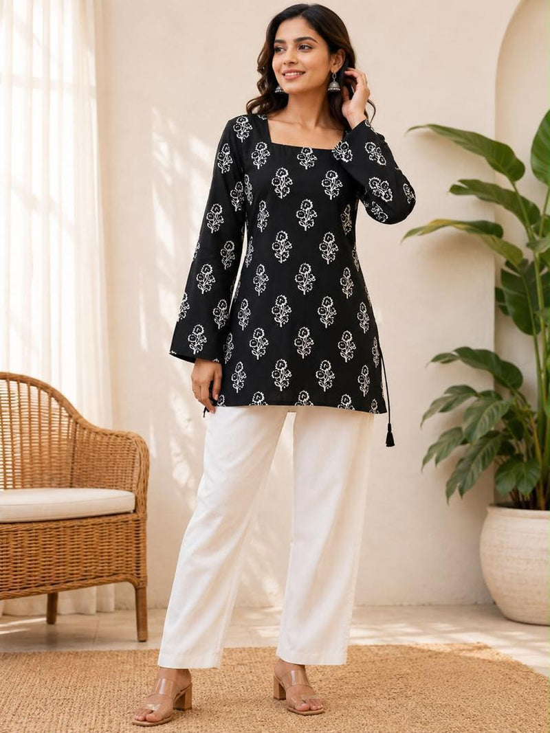 Black Block Printed Square Neck Full Sleeve Cotton Tunic Kurti