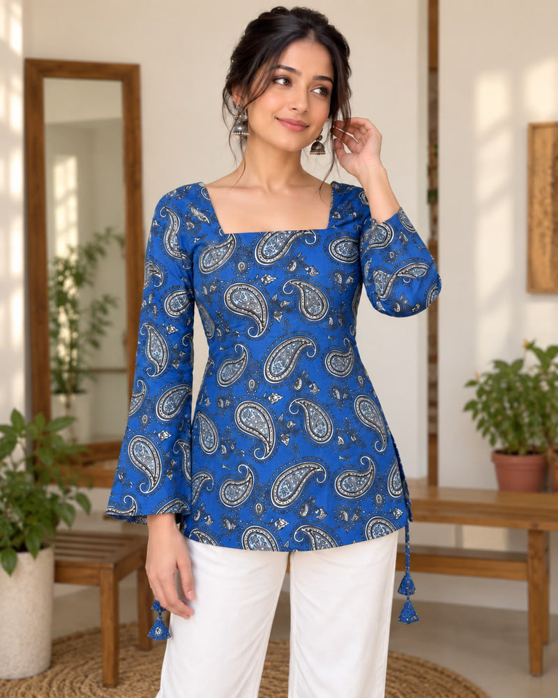 Royal Blue Paisley Printed Square Neck Bell Sleeve Cotton Tunic Kurti