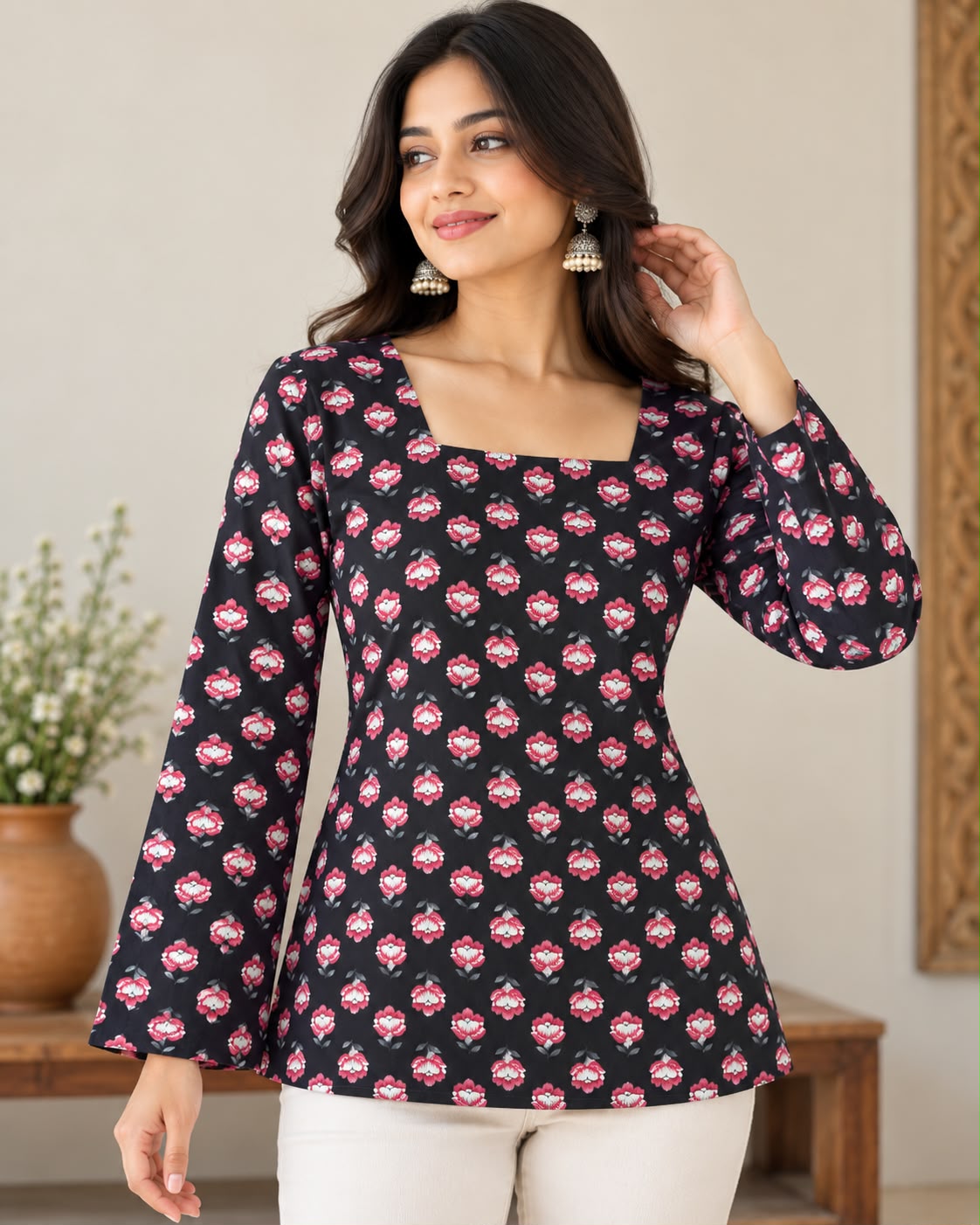 Black Floral Printed Square Neck Bell Sleeve Cotton Tunic Kurti