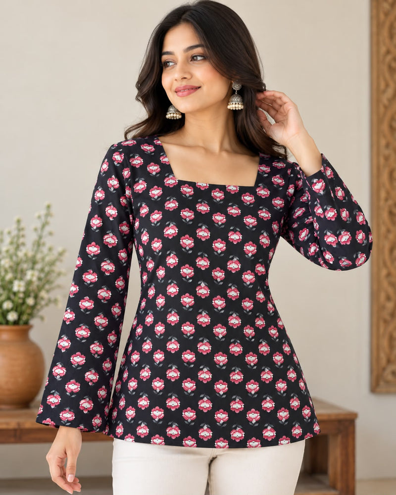 Black Floral Printed Square Neck Bell Sleeve Cotton Tunic Kurti