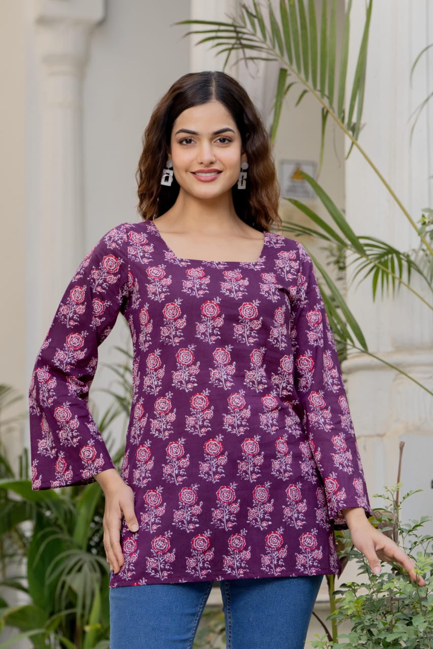 Purple Floral Block Printed Square Neck Bell Sleeve Cotton Tunic Kurti