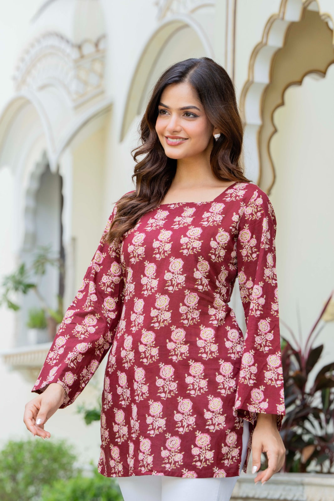 Maroon Floral Block Printed Square Neck Bell Sleeve Cotton Tunic Kurti