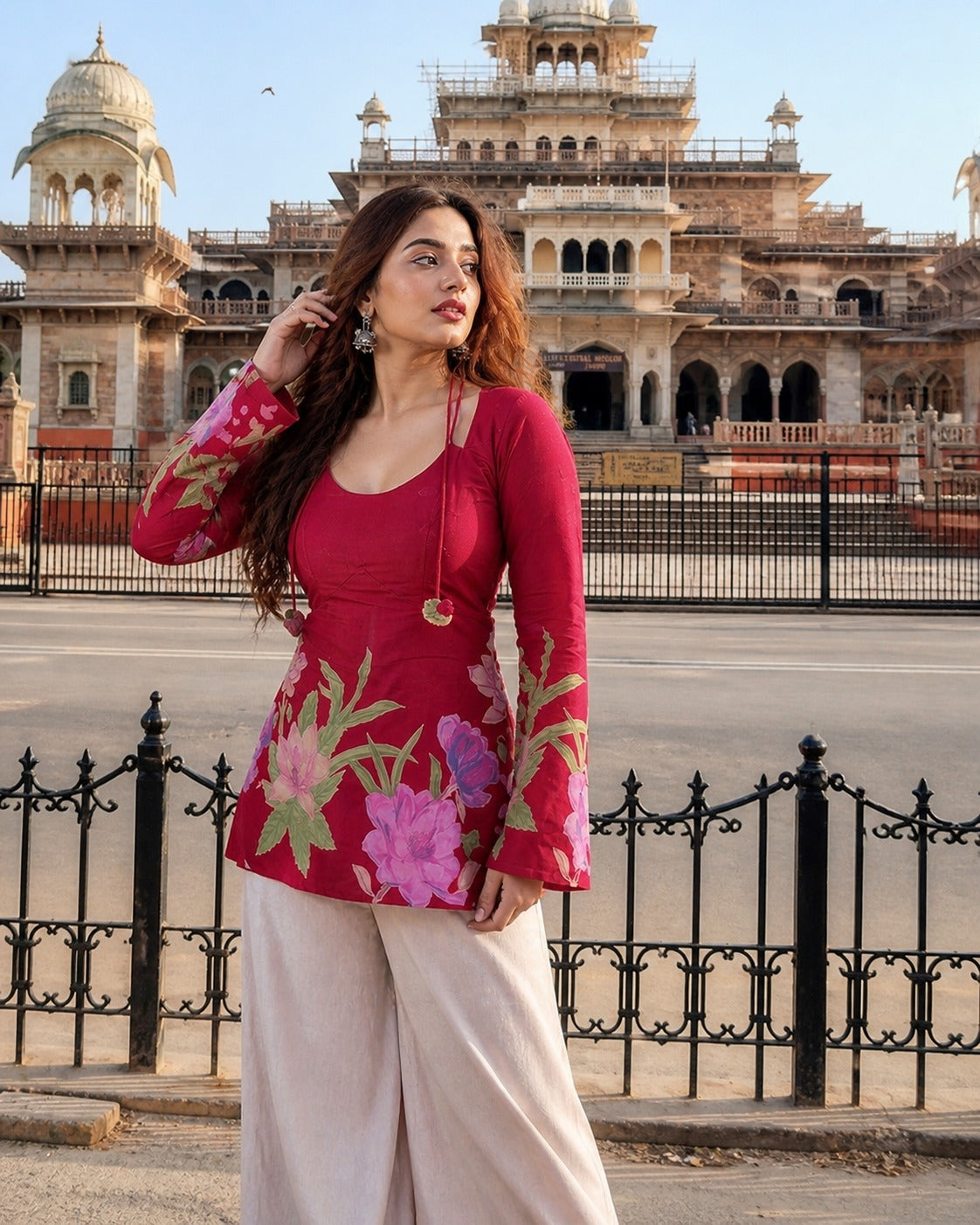Magenta Floral Painted Scoop Neck Bell Sleeve Cotton Tunic Top