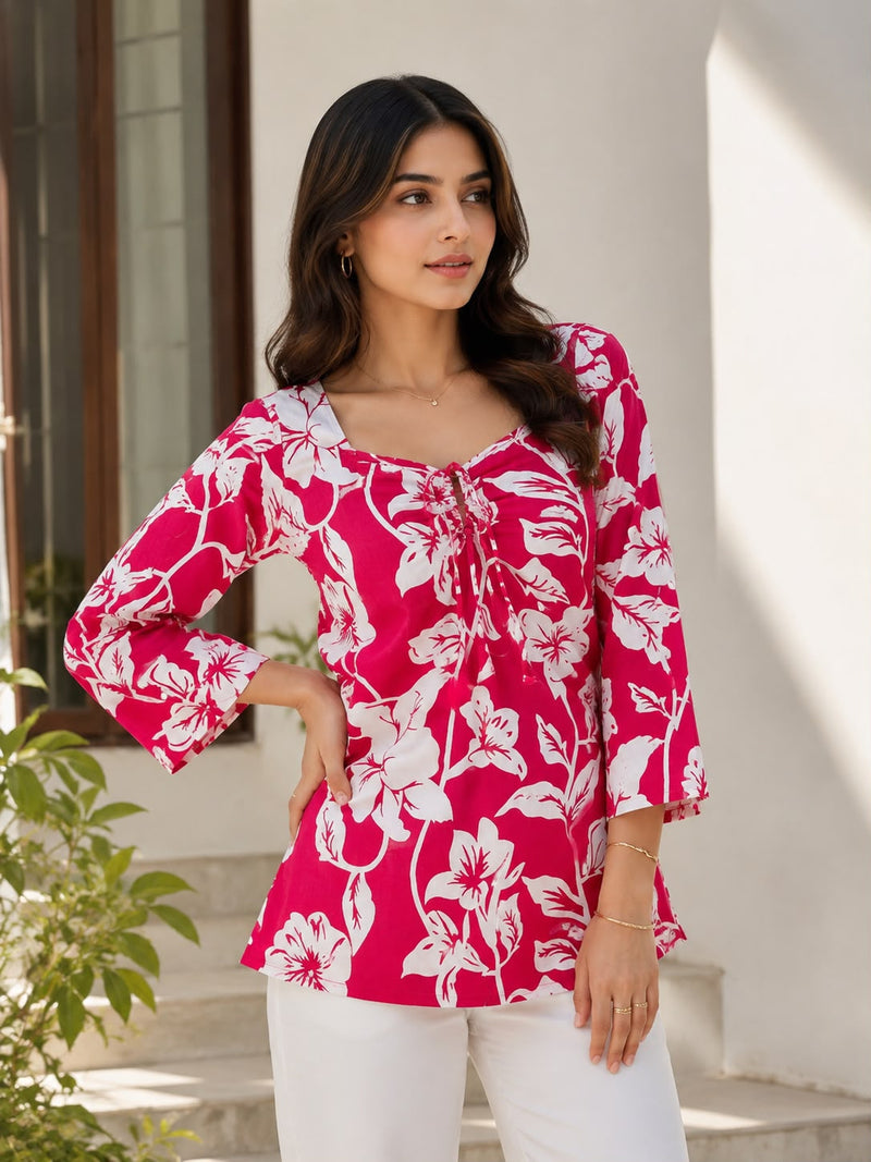 Pink Floral Printed Sweetheart Neck Bell Sleeve Cotton Tunic Top