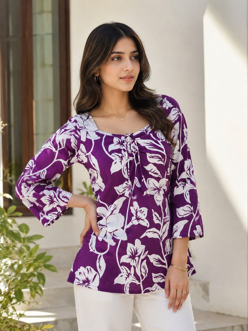 Purple Floral Printed Sweetheart Neck Bell Sleeve Cotton Tunic Top