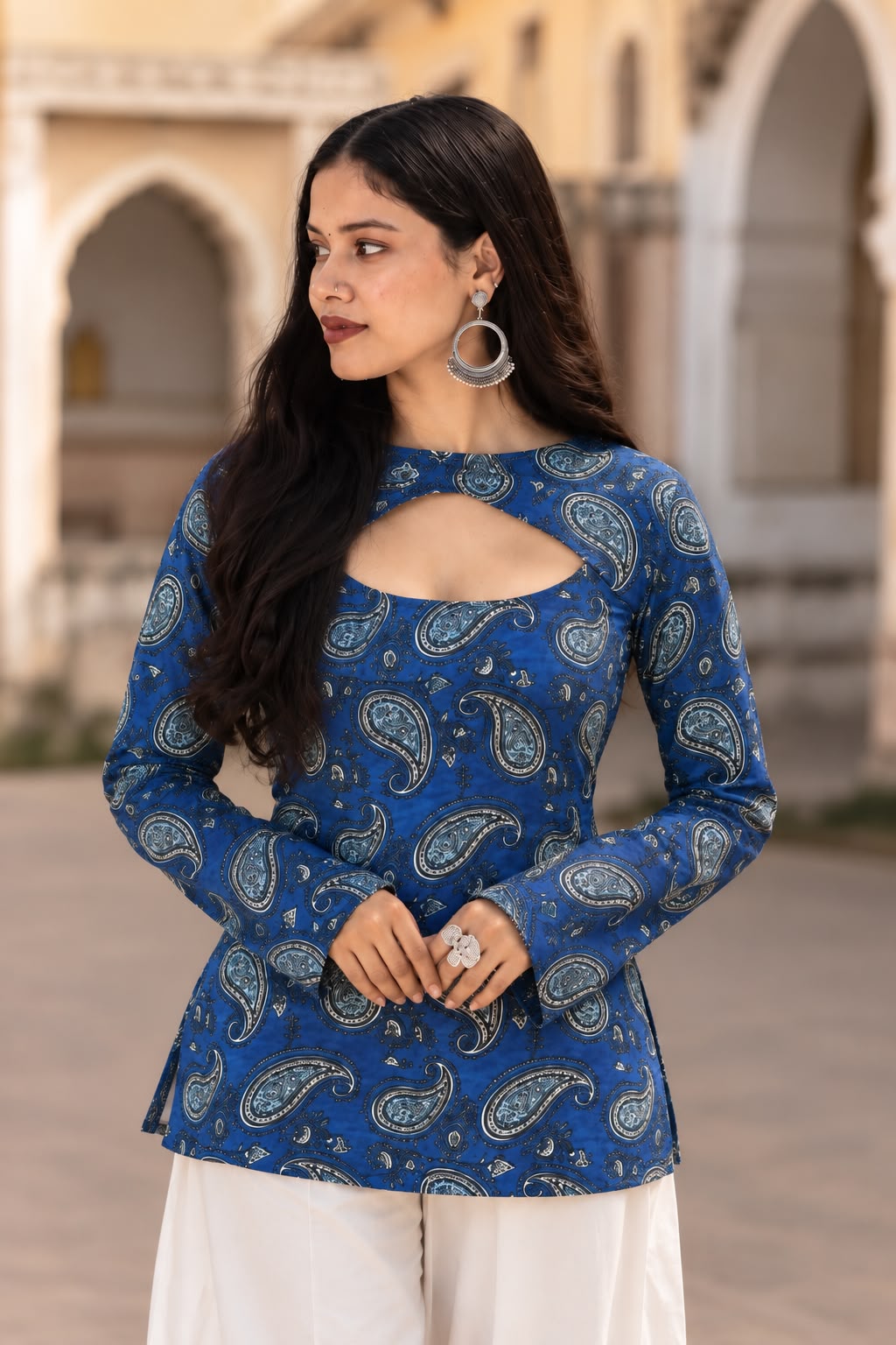 Indigo Paisley Printed Keyhole Neck Cotton Short Kurti