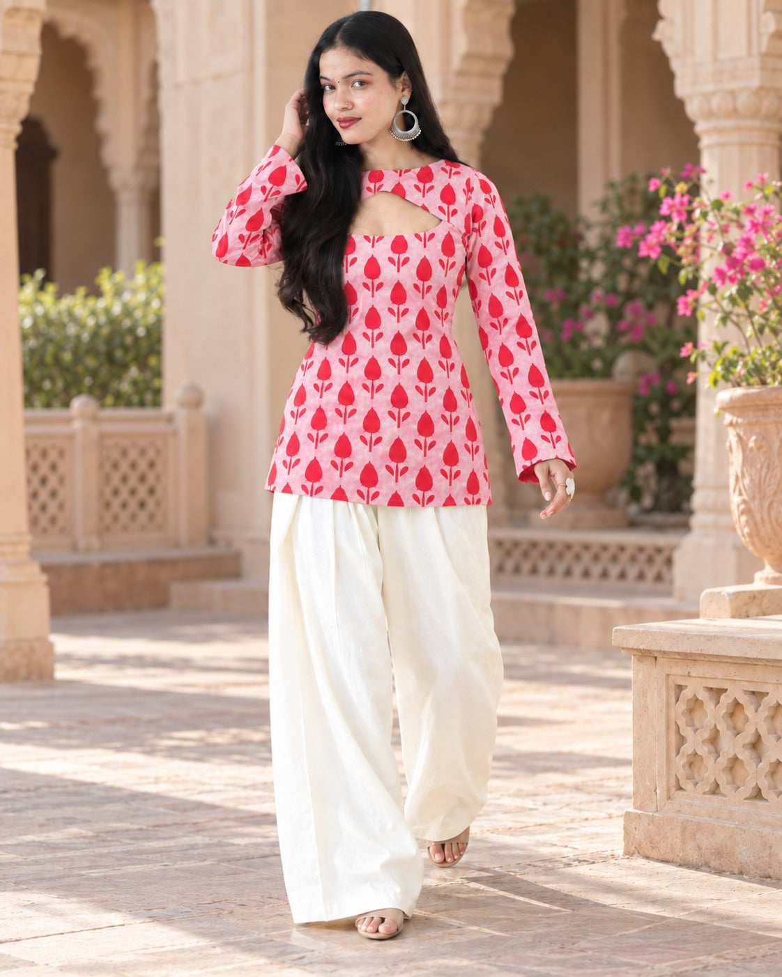 Pink Floral Block Printed Keyhole Neck Cotton Short Kurti