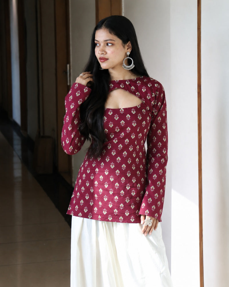 Off-White & Pink Floral Printed Keyhole Neck Cotton Short Kurti / Tunic