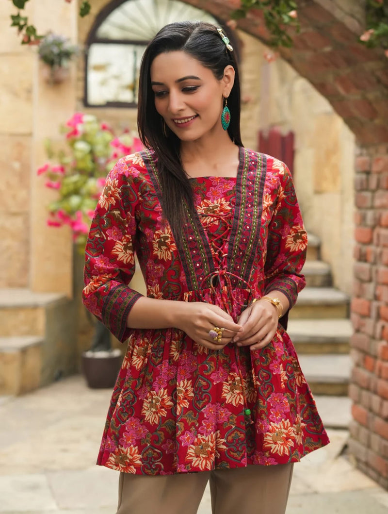 Red Floral Printed Mirror Work Front Lace-Up Cotton Short Kurti / Tunic