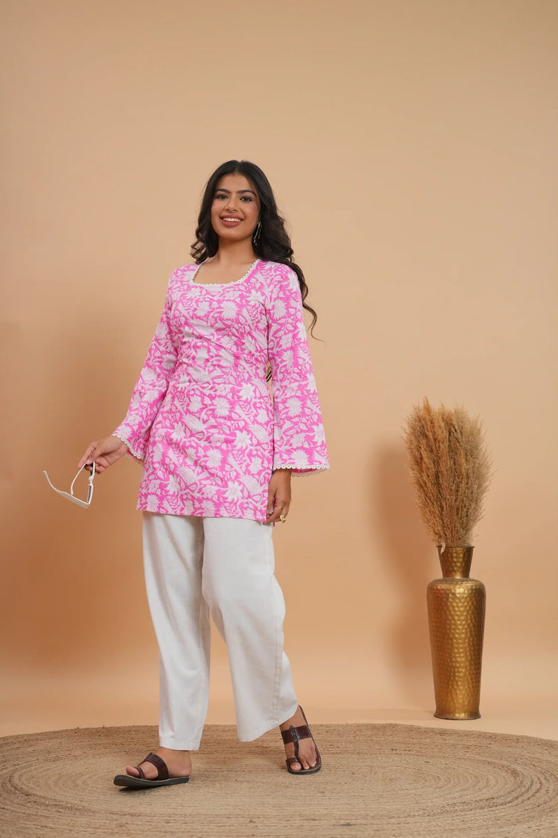 Pink & White Floral Printed Lace Border Cotton Short Kurti / Tunic