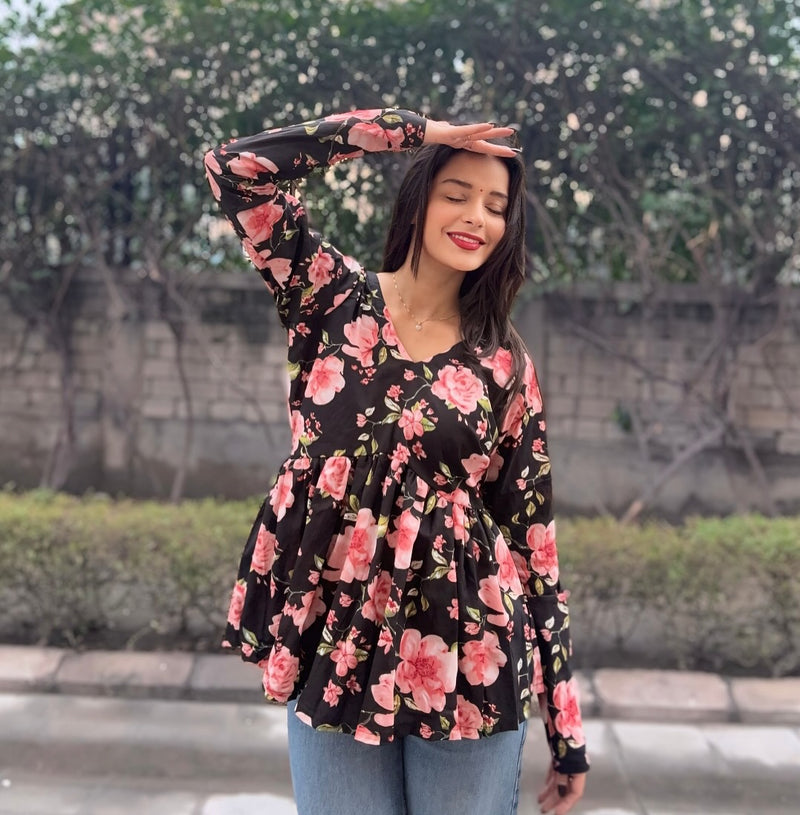 Black & Pink Floral Print Cotton Gathered Peplum Kurti Top