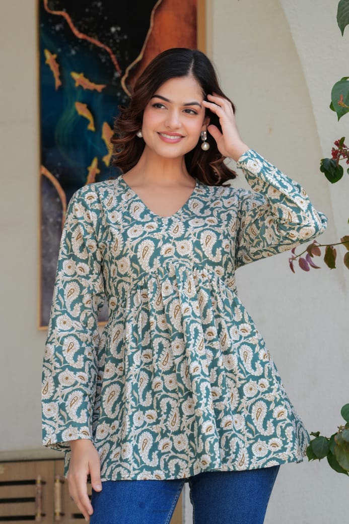 Sea Green Paisley Block Print Cotton Gathered Short Kurti