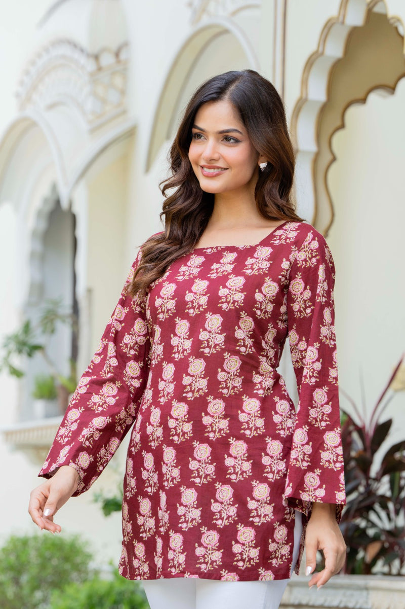Maroon Floral Print Square Neck Bell Sleeve Tunic Top