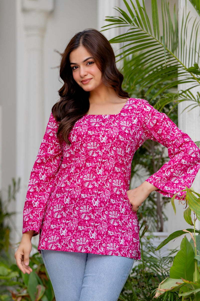 Bright Pink Floral Print Square Neck Bell Sleeve Tunic Top