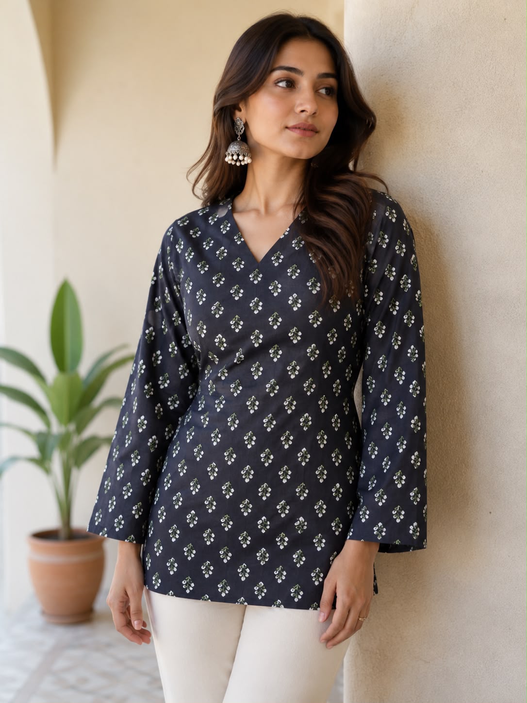 Charcoal Black Floral Print V-Neck Bell Sleeve Tunic Top