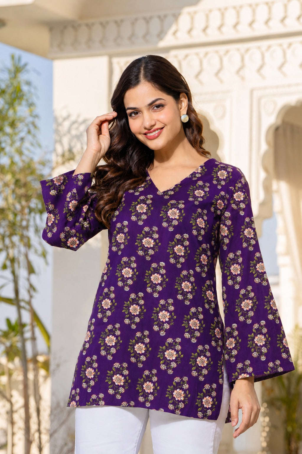 Purple Floral Print V-Neck Bell Sleeve Tunic Top