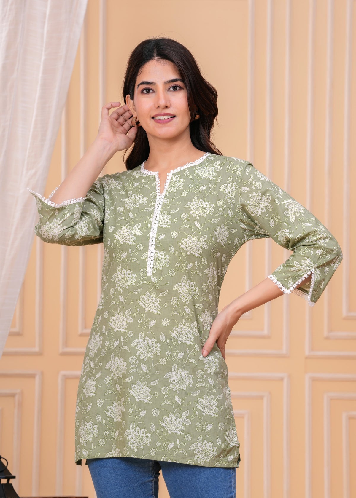 Women's Sage Green Floral Printed Cotton Short Kurti with Lace Detail