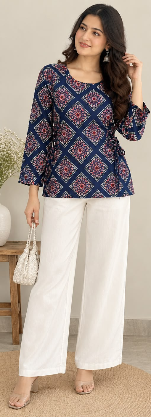 Blue Geometric Ethnic Printed Short Kurti