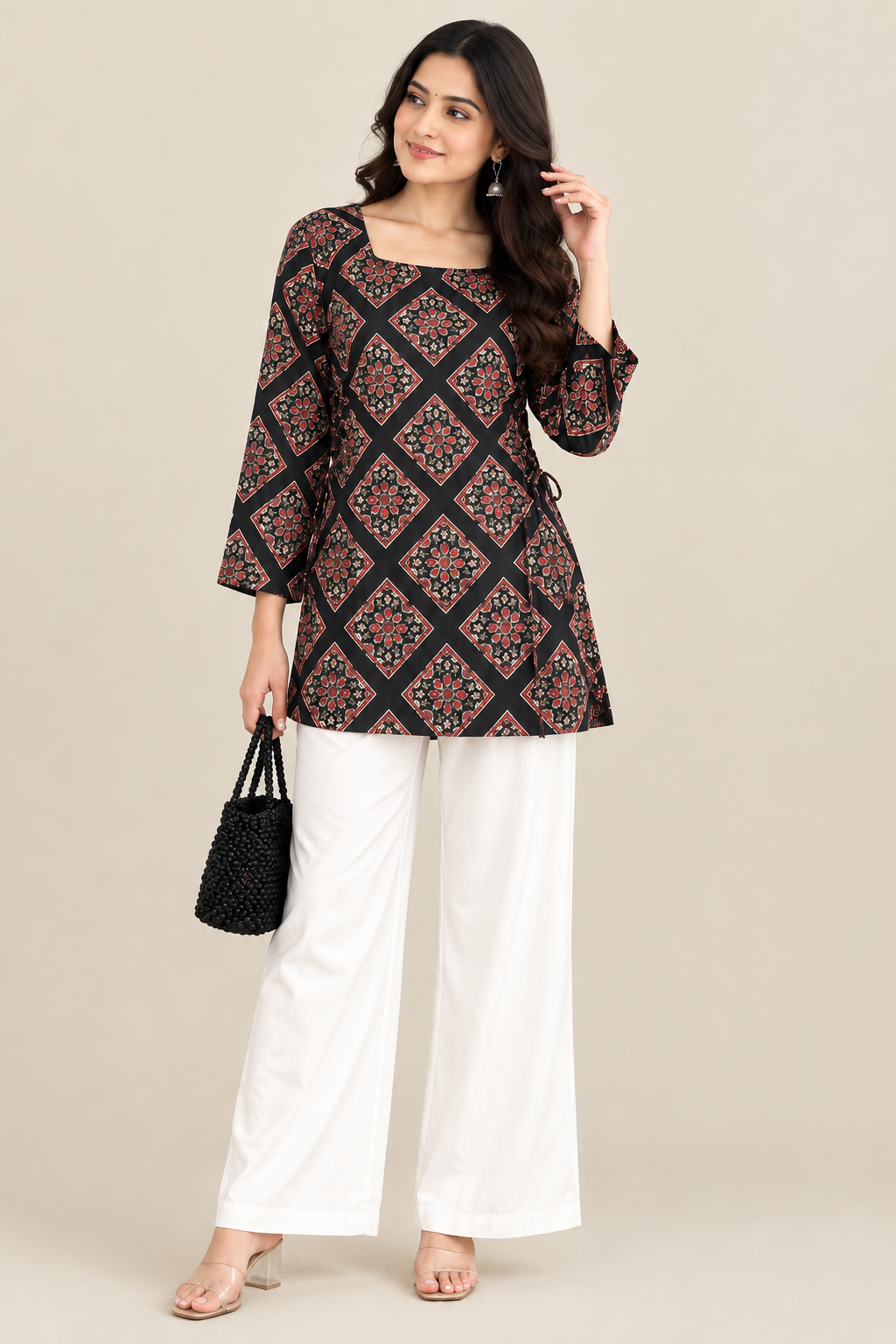 Black Geometric Ethnic Printed Short Kurti
