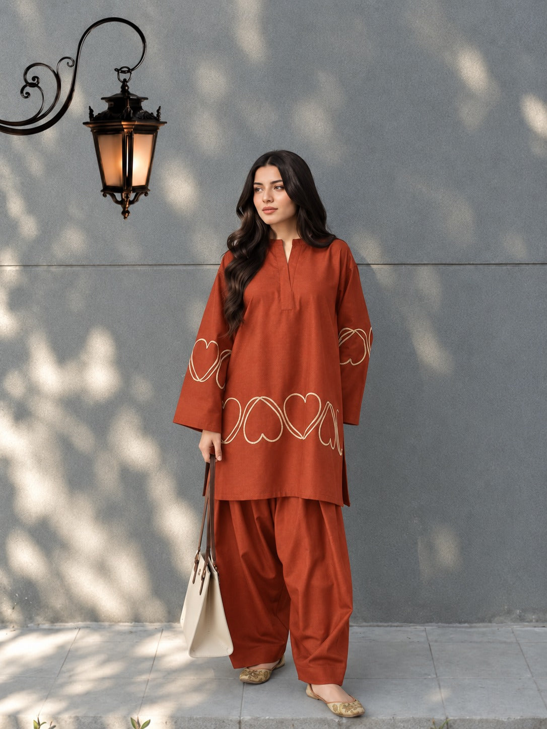 Rust Heart Embroidery Kurti & Bottom Set