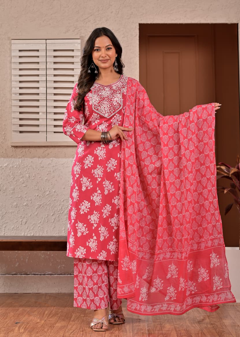 Women's Bright Pink Floral Printed & Yoke Embroidered Cotton Kurta Set with Trousers & Dupatta