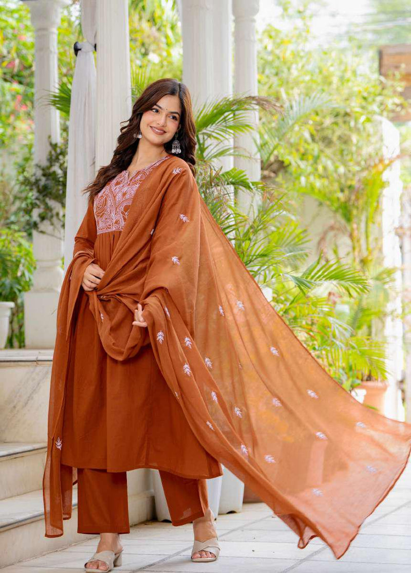 Rust Orange Embroidered 3-Piece Suit Set